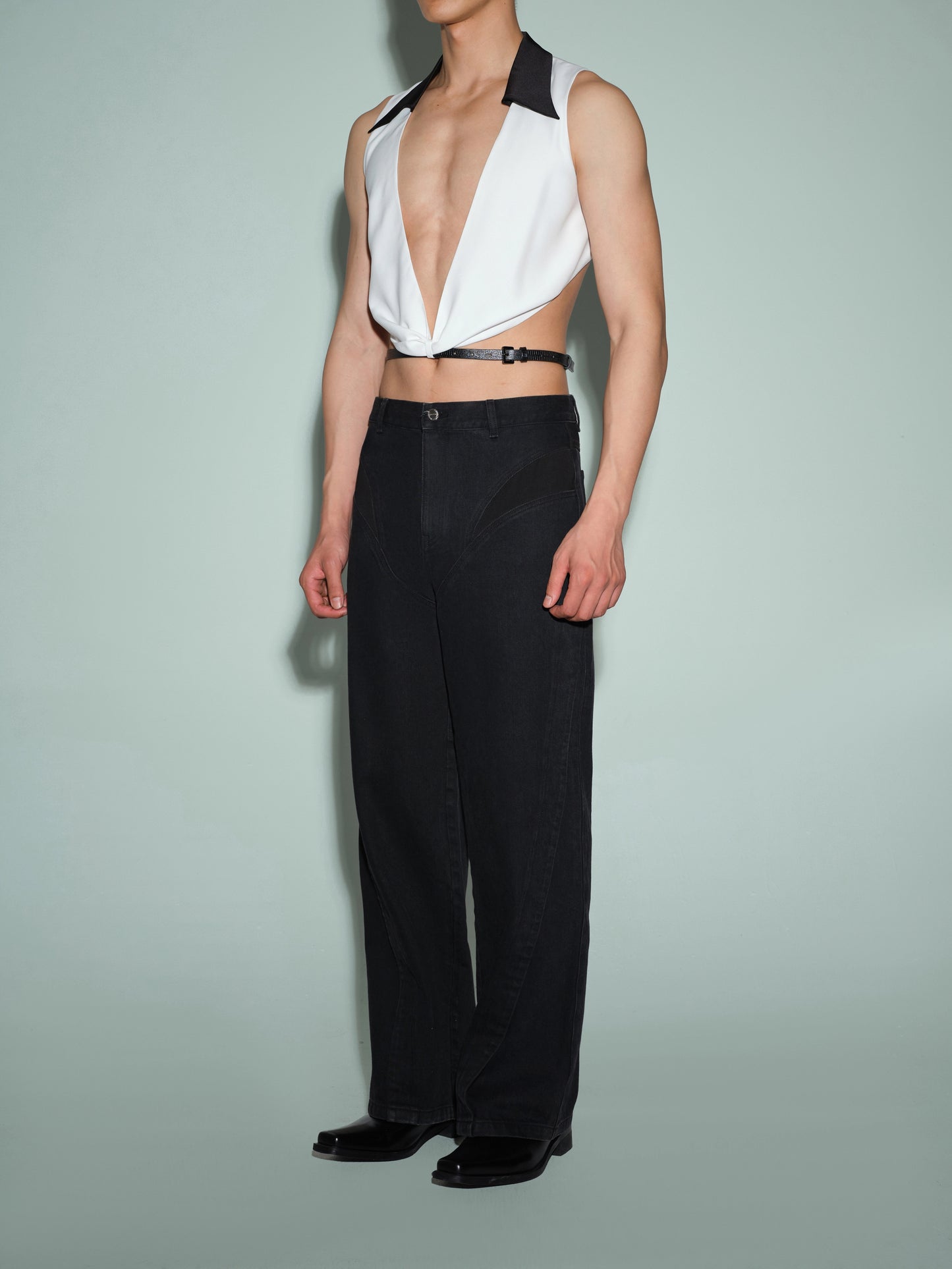 Sharp Lapel Draped Vest Set with Exposed Thong & Lizard-Pattern Belt