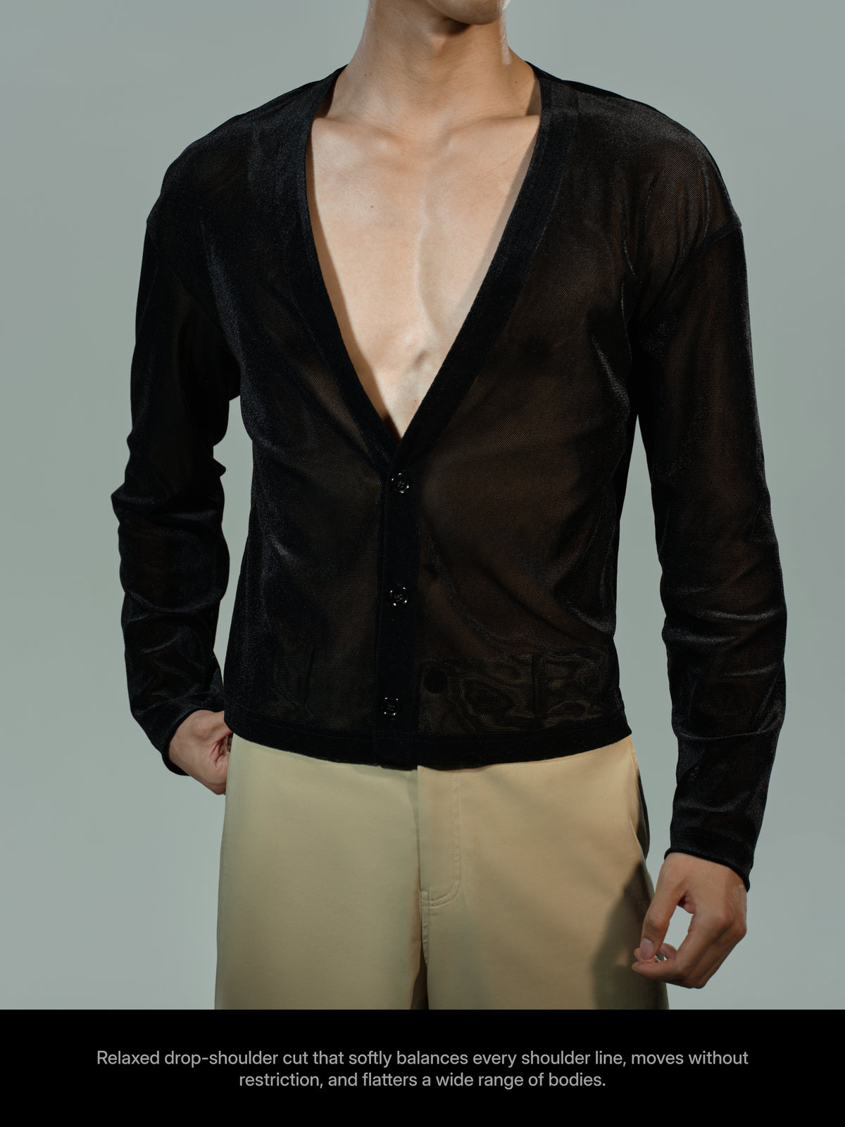 Sheer Velvet Mesh Cardigan model front view