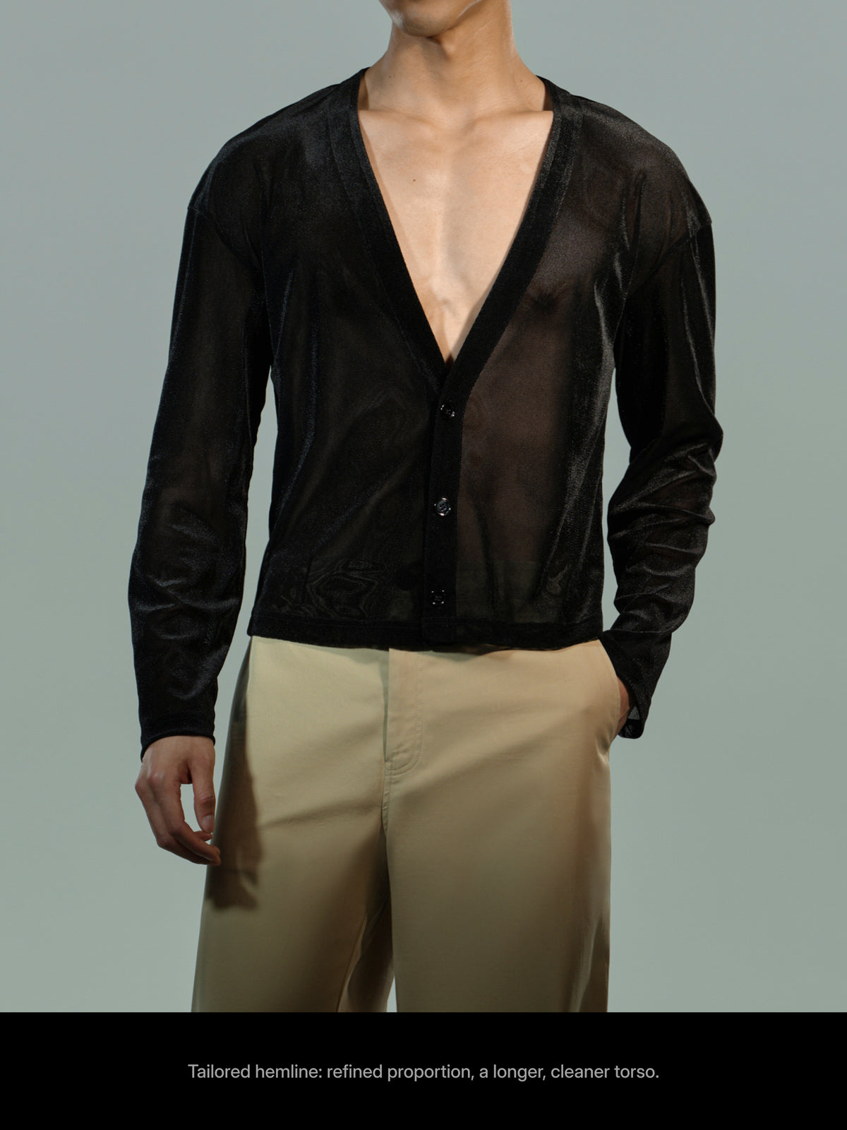 Sheer Velvet Mesh Cardigan model fit detail