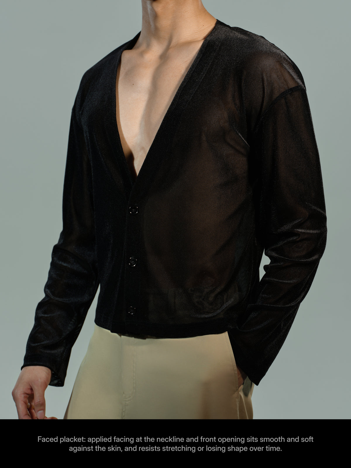 Sheer Velvet Mesh Cardigan neckline and placket detail