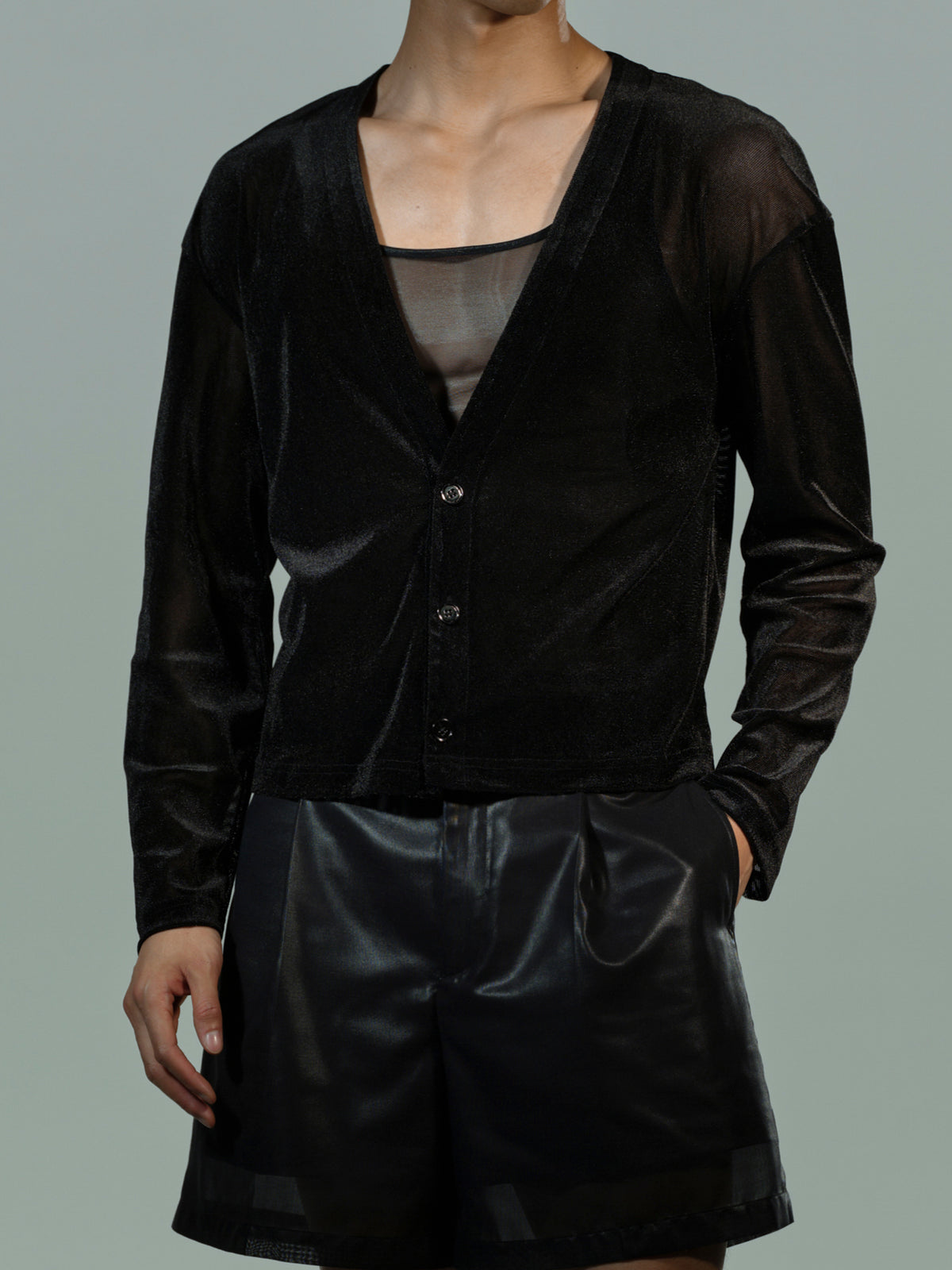Sheer Velvet Mesh Cardigan layered styling view