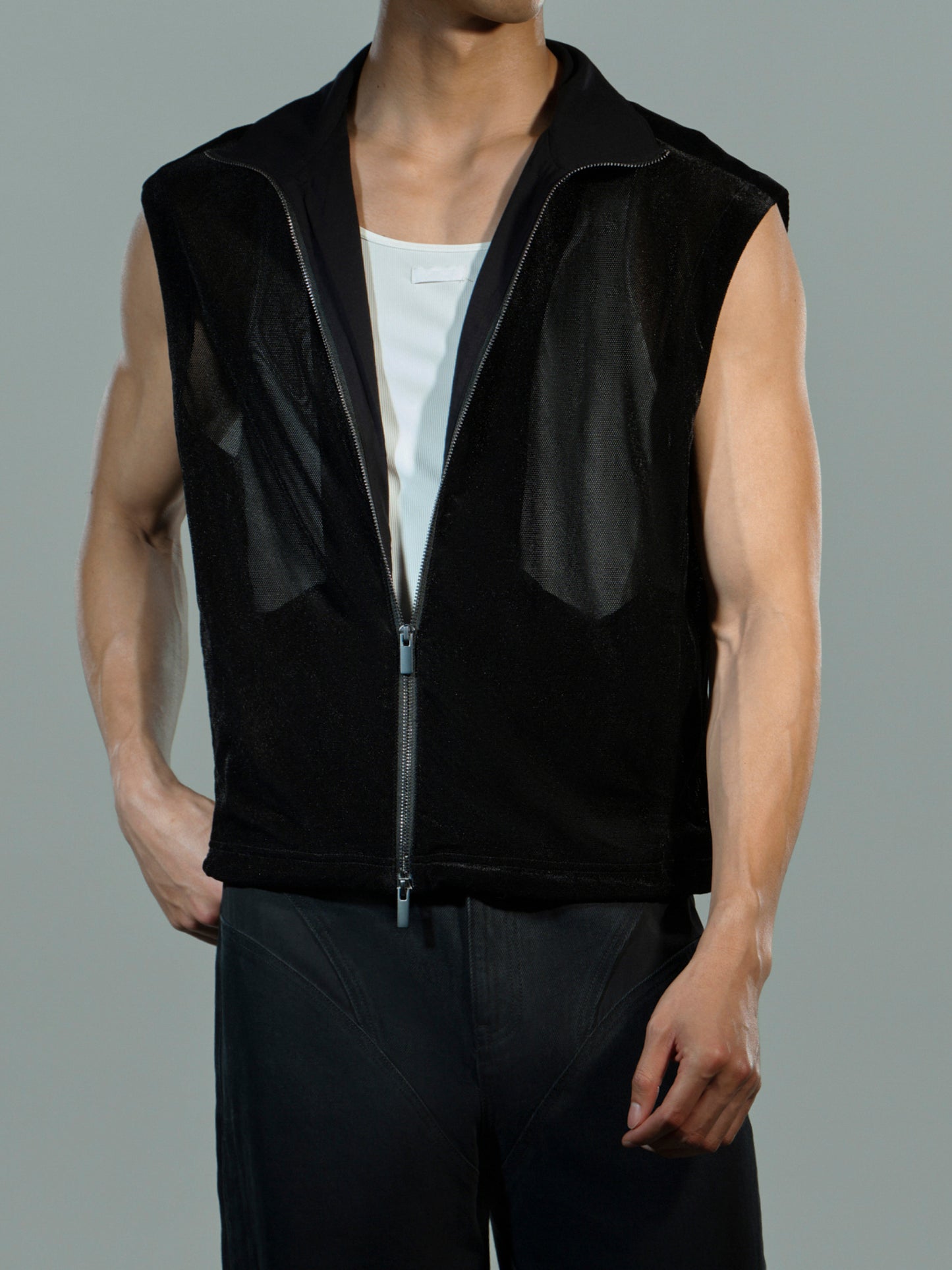 Sheer Velvet Mesh Zip Vest