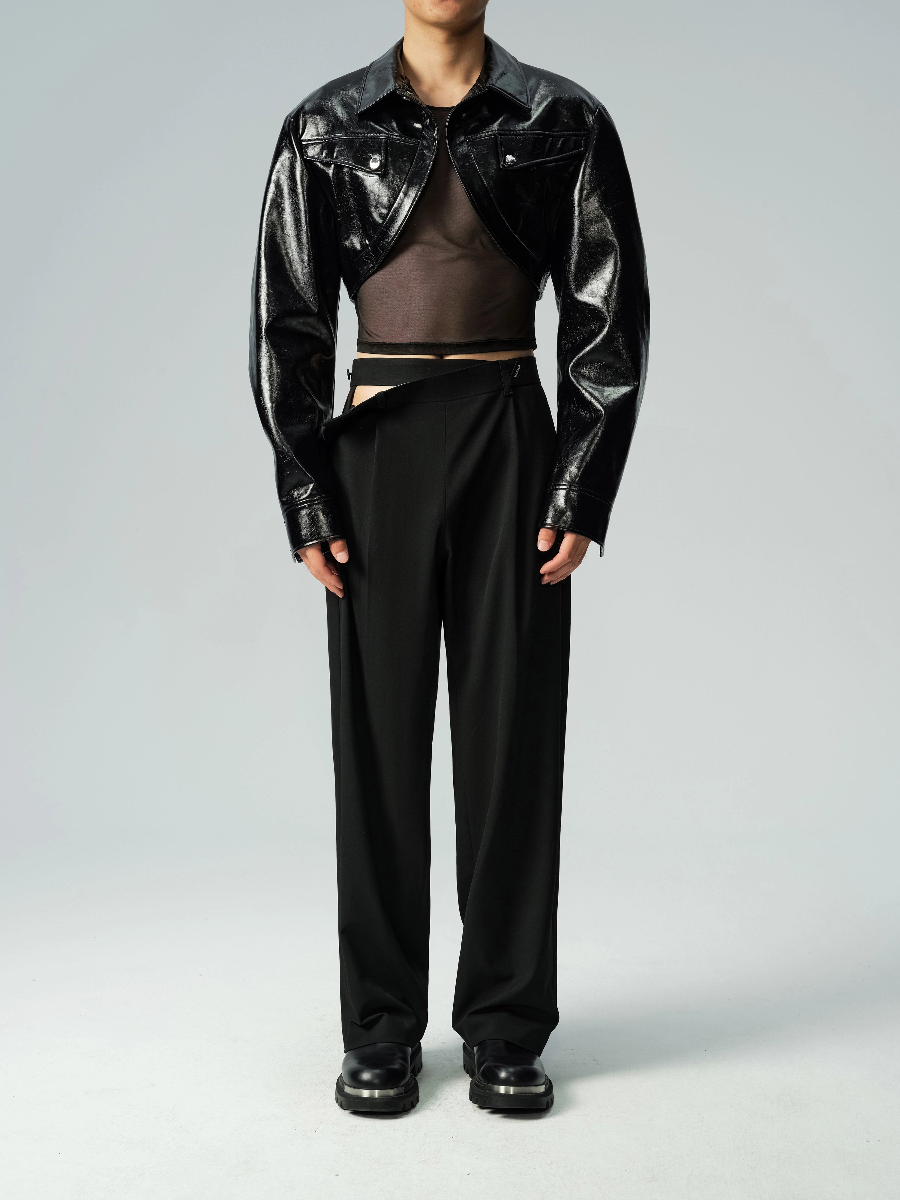 Short Glossy PU Jacket & Mesh Vest Set