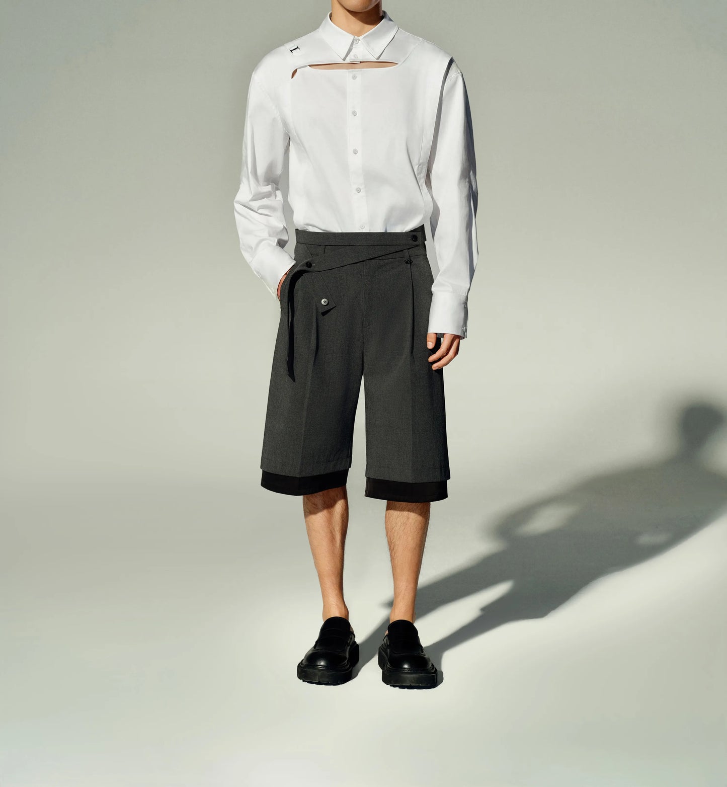 Cut-Out Shirt & Waist Strap Jacket & Mesh Vest 3-Piece Set