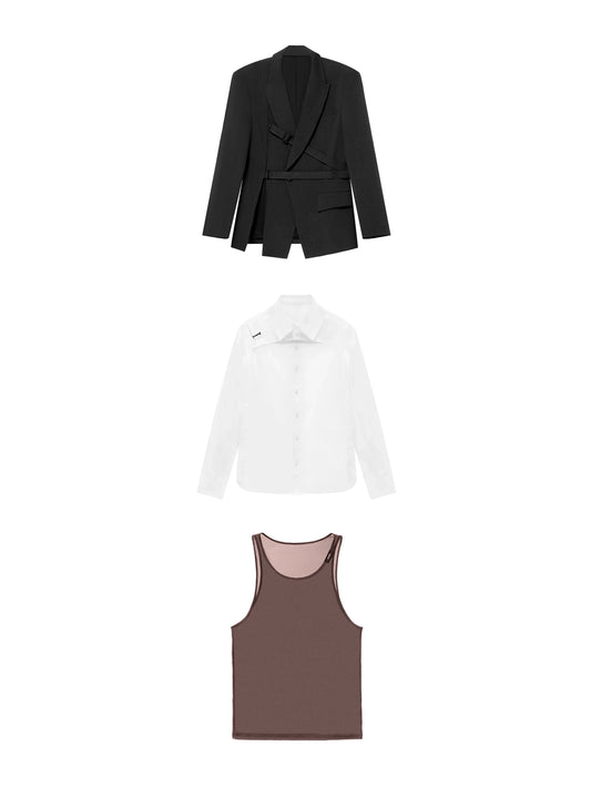 Cut-Out Shirt & Waist Strap Jacket & Mesh Vest 3-Piece Set