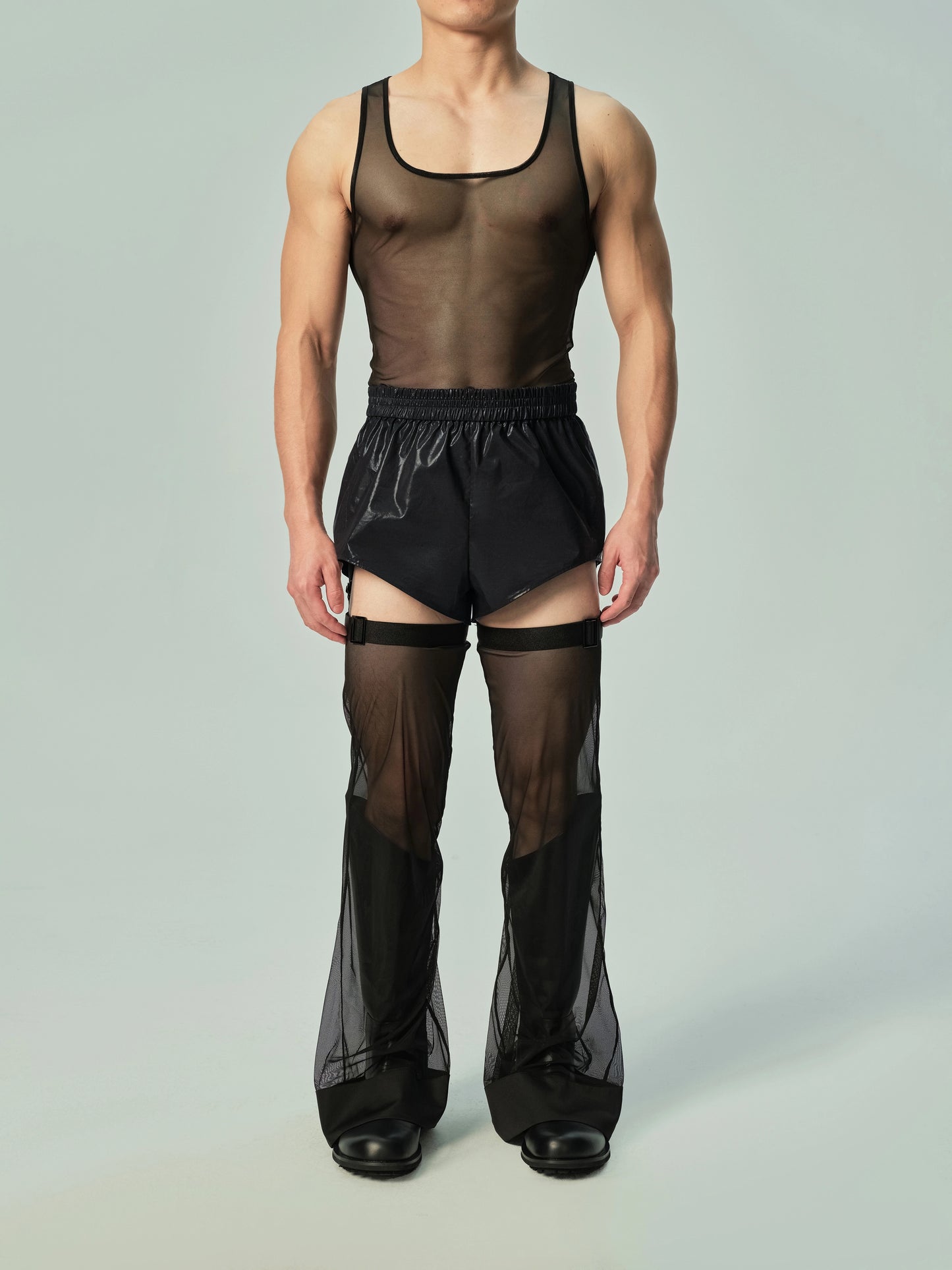 Shimmer Mesh Double Slim-Strap Thong & Versatile Mesh Leg Decoration Accessory