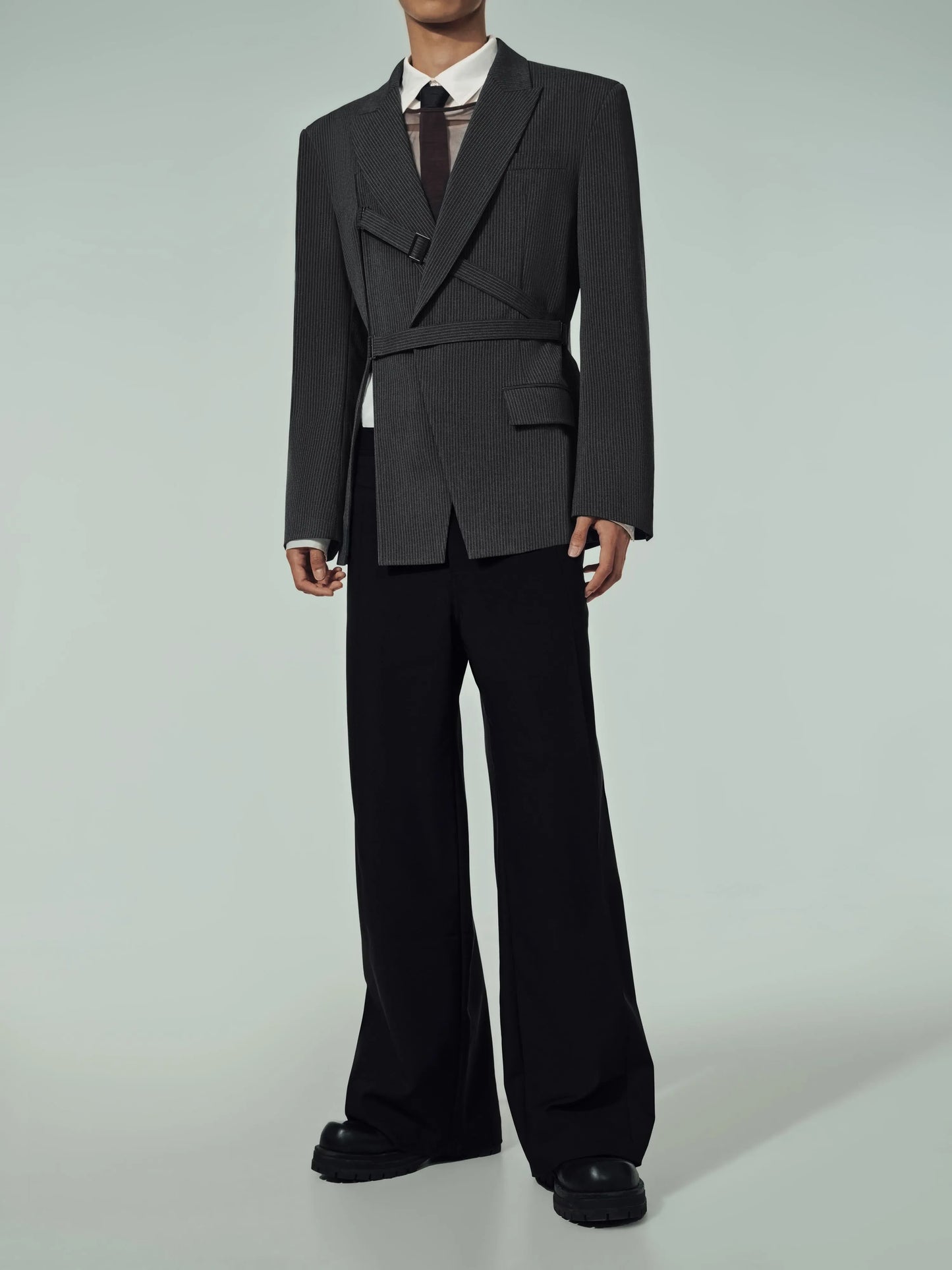 Cut-Out Shirt & Waist Strap Jacket & Mesh Vest 3-Piece Set