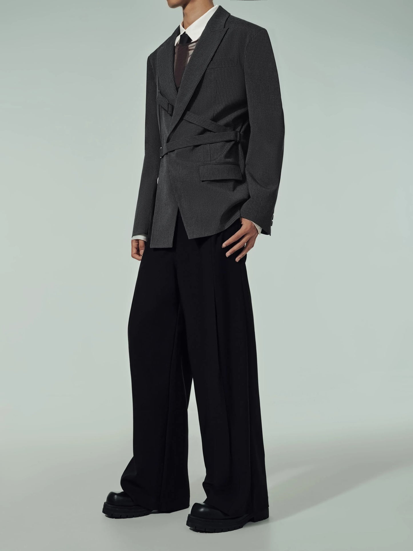 Cut-Out Shirt & Waist Strap Jacket & Mesh Vest 3-Piece Set