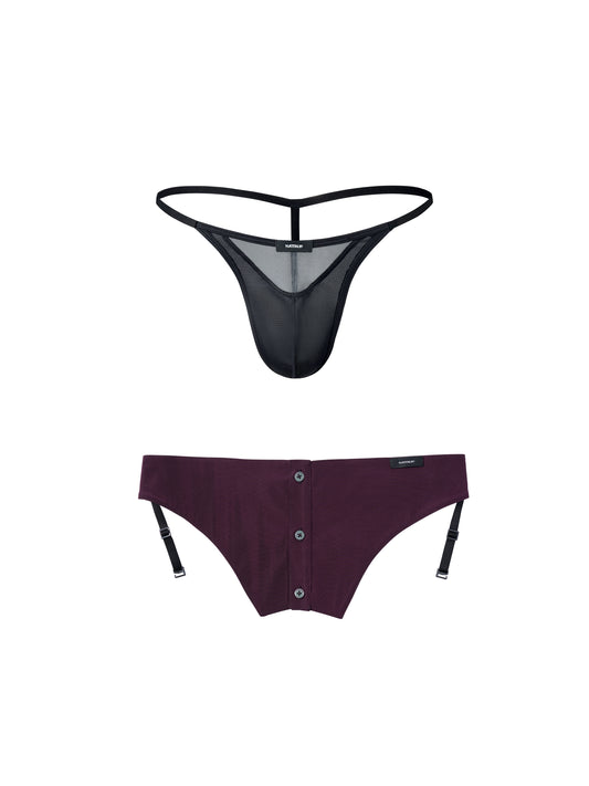 Shimmer Mesh Panel Pouch Thong & Detachable Half-Waist Garter Belt